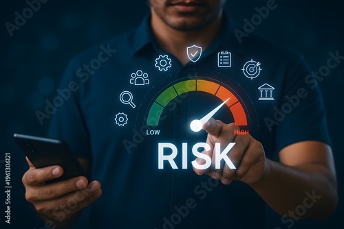 Person interacts with a glowing 'risk' meter interface, indicating a high-risk level with icons, holding a smartphone.