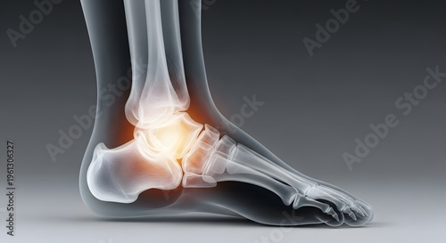 Ankle joint with highlighted pain area and inflammation in a human skeleton