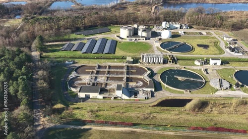 Diepenbeek, Belgium. Aerial drone footage of wastewater treatment plant and surrounding landscape
