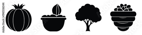 Four black silhouettes of various root vegetables and plants