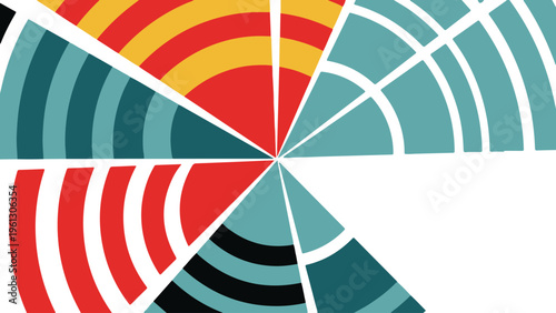 Abstract geometric vector background, colorful circular segments with concentric lines, modern radial pattern for creative design projects