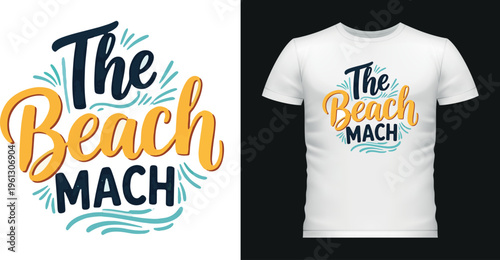 The beach mach typography with wave and sun graphic design