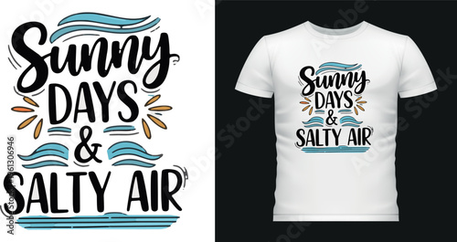 Sunny days salty air typography with sun and water waves
