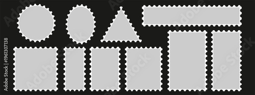 Postage stamp frames mega collection. Blank perforated edge templates with triangle, circle, oval and rectangular shapes, vintage vector postal borders and grey mailing stamp silhouettes.