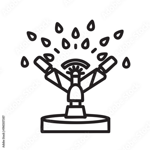An illustration of a water sprinkler spraying droplets on a base outdoors.