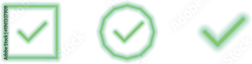 Glowing neon green check mark icons set for website verification and digital checklist design