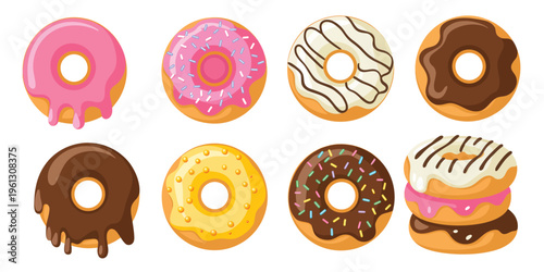 Donuts, colorful assorted glazed donuts collection with chocolate, sprinkles, icing, and frosting toppings, vector illustration of sweet bakery treats on clean background.