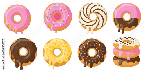 Donuts, vibrant glazed donut collection featuring assorted flavors with chocolate coating, sprinkles, icing, and frosting, perfect for bakery, dessert, and food vector design.