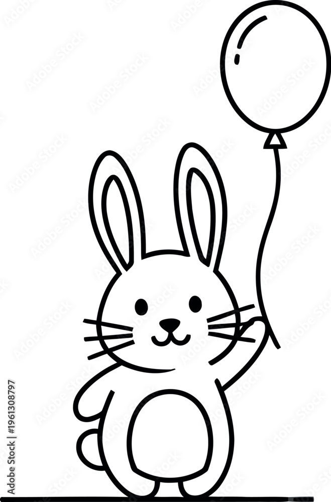 Fototapeta premium Minimalist black and white line art drawing features a cute, happy cartoon rabbit standing and holding a simple balloon string.