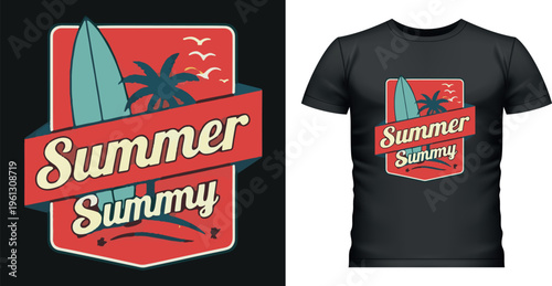 Summer t-shirt graphic with palm tree and surfboard design