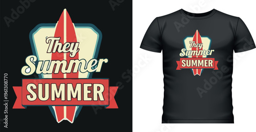 Summer t-shirt graphic with sun and surfboard design