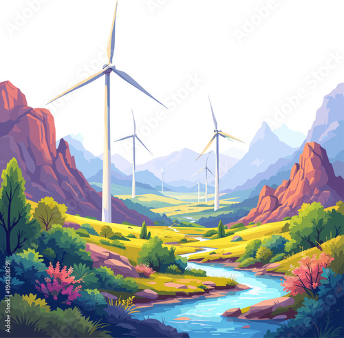 Wind turbines with river and mountains landscape, clean energy illustration combining nature and technology
