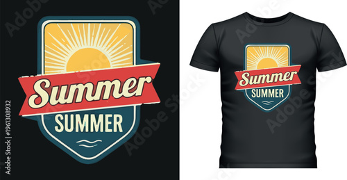 Summer emblem with sun and waves vintage style t-shirt design