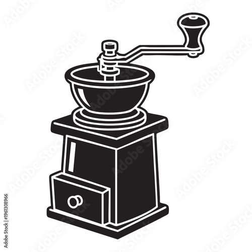 An illustration of a manual coffee grinder on a table indoors.