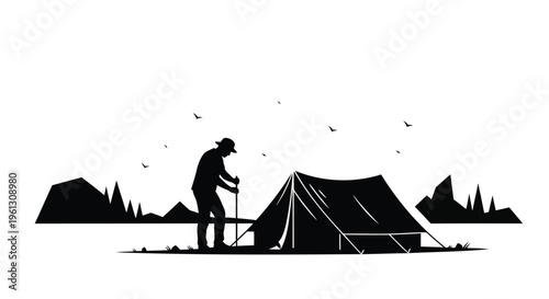 Camping, outdoor adventure, silhouette illustration, vector icon, black tent