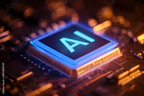 powerful computer processor microchip with the word representing artificial intelligence, AI technology
