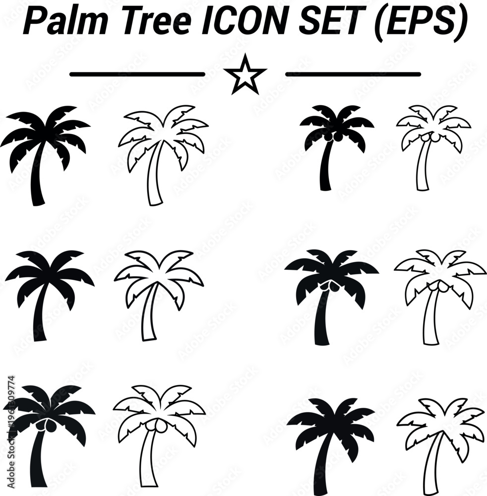 Fototapeta premium Minimal Palm Tree Icon Set in Solid and Hand Drawn Tropical Style