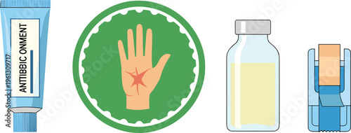 Medical First Aid Vector Set Featuring Antibiotic Ointment Tube Wounded Hand Icon Medicine Vial and Adhesive Bandage for Healthcare and Pharmacy Graphic Designs