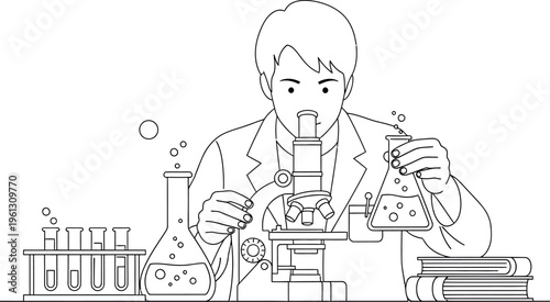 Focused scientist in a laboratory setting carefully observing specimens under a microscope while holding a bubbling flask during research experiments.