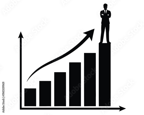 Businessman standing on top of a growing bar graph with an upward trend