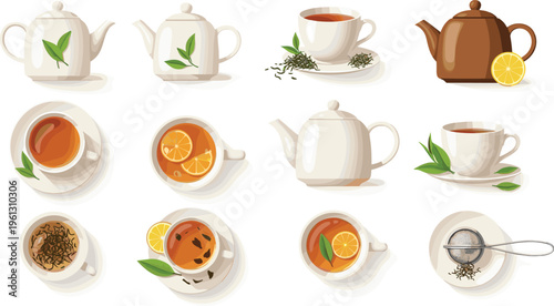 Premium Ceramic Tea Set Vector Collection with White Teapots Cups of Herbal Tea Lemon Slices and Metal Tea Strainer for Cafe Menus and Wellness Branding