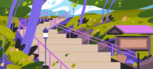 Ascending concrete staircase in green city park