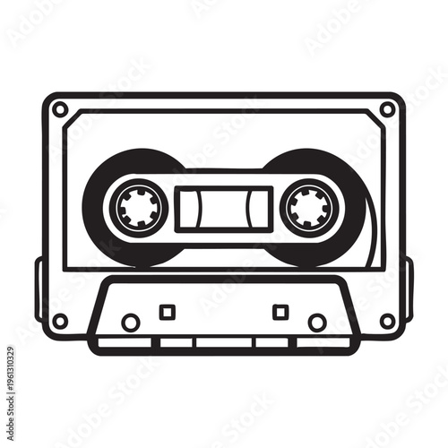 A black line drawing of a retro cassette tape outline on a white background.