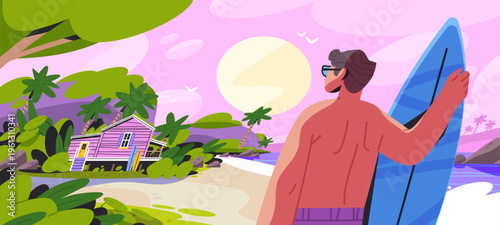 Man on the beach with surfboard watches the sunset