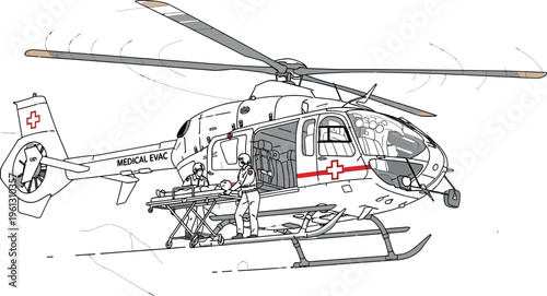 Medical evacuation helicopter illustration showing paramedics loading a patient on a stretcher into the aircraft, ready for urgent transport to a healthcare facility.