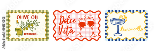 Italian food labels set olive oil limoncello wine dolce vita italian cuisine vintage style posters hand drawn illustration collection decorative mediterranean design elements