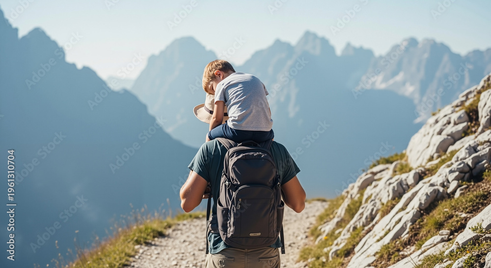 Obraz premium Father carrying young boy on shoulders while hiking in mountains 