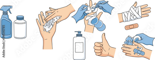 Detailed Vector Illustration Set of Professional Wound Disinfection Procedures Featuring Hand Sanitizing Antiseptic Application Medical Gauze and Protective Equipment