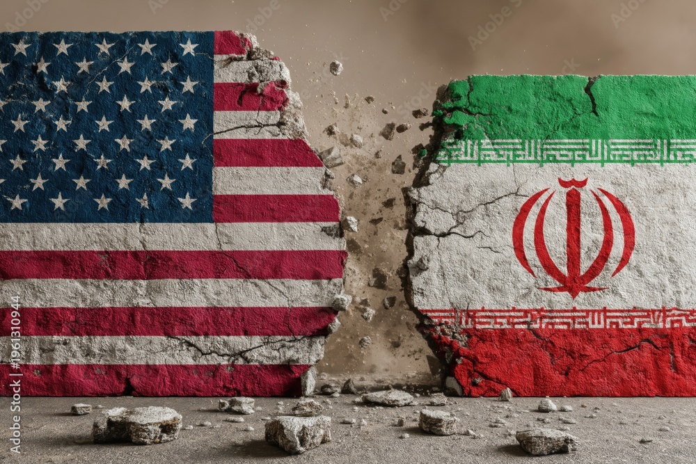 Obraz premium Conflict between United States and Iran shown by breaking walls with flags