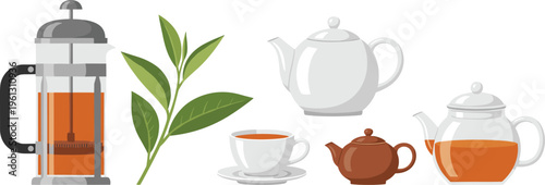 Hand Drawn Botanical Tea Service Vector Set Featuring Ceramic and Glass Teapots French Press and Fresh Green Tea Leaves for Cafe and Wellness Graphic Designs