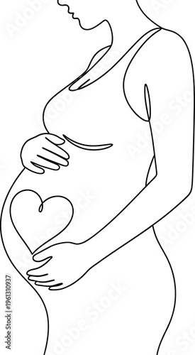Elegant continuous line art illustration of a pregnant woman gently embracing her growing belly, featuring a heart design that beautifully symbolizes love, motherhood, and new life.