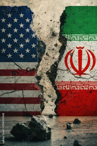 Conflict between United States and Iran shown through broken wall with flags