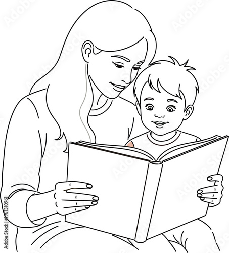 Gentle mother reads an open storybook aloud to her happy and engaged young son during a cozy shared moment indoors