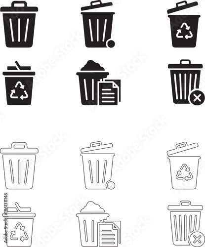 Delete icon collection. Trash bin vector symbols for removing files, data, and content in digital interfaces..eps