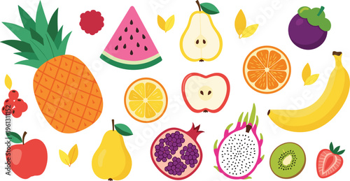 Tropical and garden fruit vector set. Flat illustrations of pineapple, mangosteen, dragon fruit, pomegranate, banana, watermelon, and pear for healthy food design.