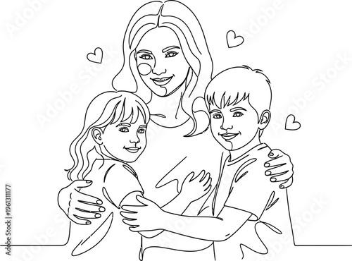 Simple continuous line drawing illustrates a mother embracing her happy son and daughter surrounded by floating hearts symbolizing deep affection and familial love.