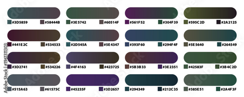 Dark gradient color palette set with hex codes, 16 professional moody color swatches for UI design, deep atmospheric vector color guide