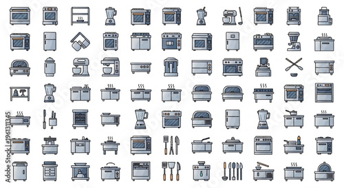 Commercial Kitchen Equipment, Restaurant Appliances, Stainless Steel, Catering Tools, Cooking Equipment Vector Collection for Industrial Food Service and Modern Culinary Workspace