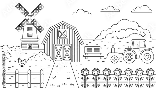 A black and white illustration of a rural farm scene with a barn, windmill, tractor, and sunflowers.