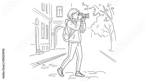 A person taking a photo of a city street with a camera and backpack
