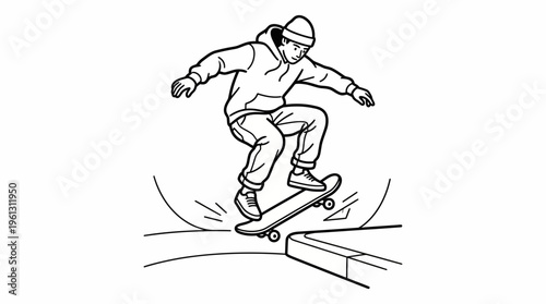 Black and white vector illustration of a skateboarder performing an energetic street trick with skill and precision