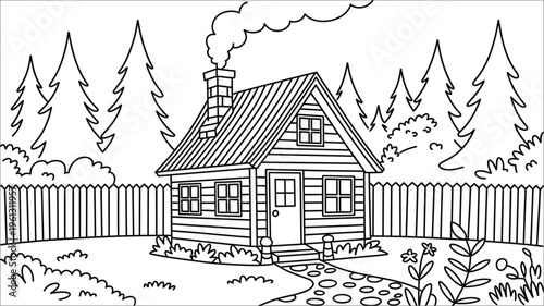 A charming black and white illustration of a cozy cabin in a serene forest setting with a picket fence and smoke rising from the chimney.