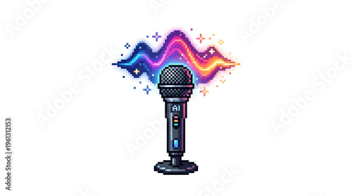 Vibrant Pixel Art Microphone Icon with Glowing Sound Waves, Symbolizing Creative Audio, Music, and Digital Performance Energy