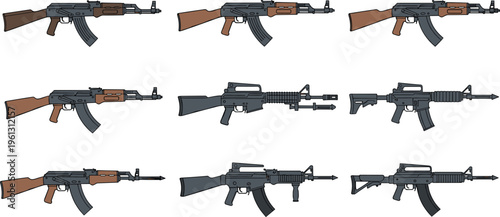 Large Collection of Stylized Assault Rifle Vector Icons Featuring Various Modern Tactical Firearms and Military Grade Weaponry for Action Design