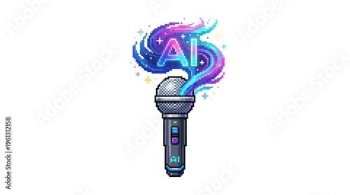 Pixel Art Microphone Emitting a Swirl of Cosmic Energy Forming the Letters AI, Representing the Intersection of Creativity and Artificial Intelligence in Digital Art