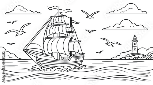 A serene sailing ship navigates through calm waters near a picturesque lighthouse under a cloudy sky
